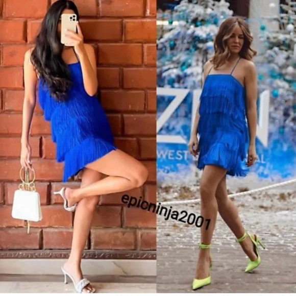Zara Cobalt Blue Fringe Mini Dress Flapper western Festive Holiday Party Dress - Picture 4 of 9